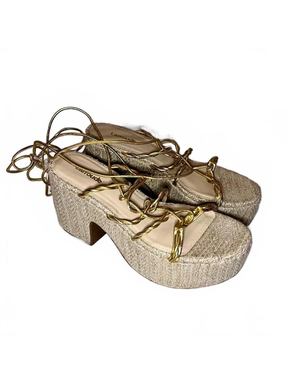 Larroude Coco Platform Sandal Raffia & Gold Metallic Leather Size 8